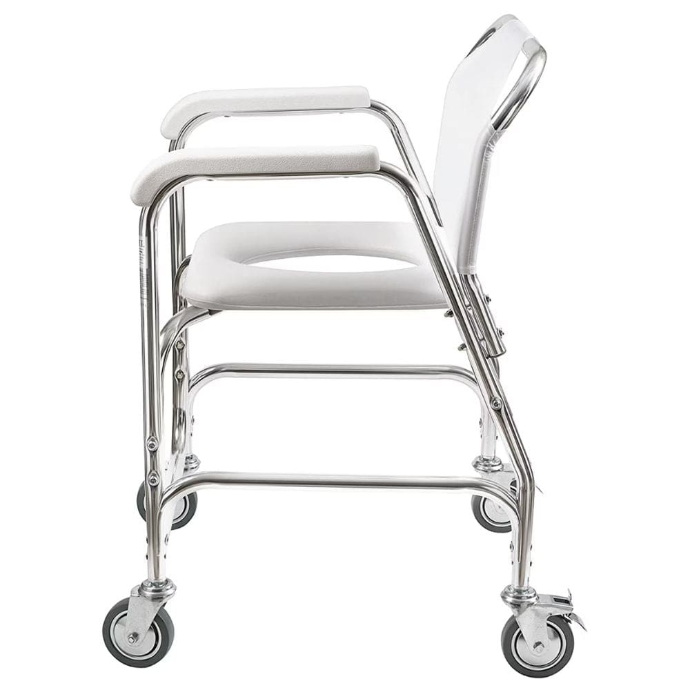 White shower chair with wheels on a white background