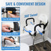 Bath safety aid with 360-degree swivel feature, press button to slide, pull knob to rotate, raise armrest for easy transfer.