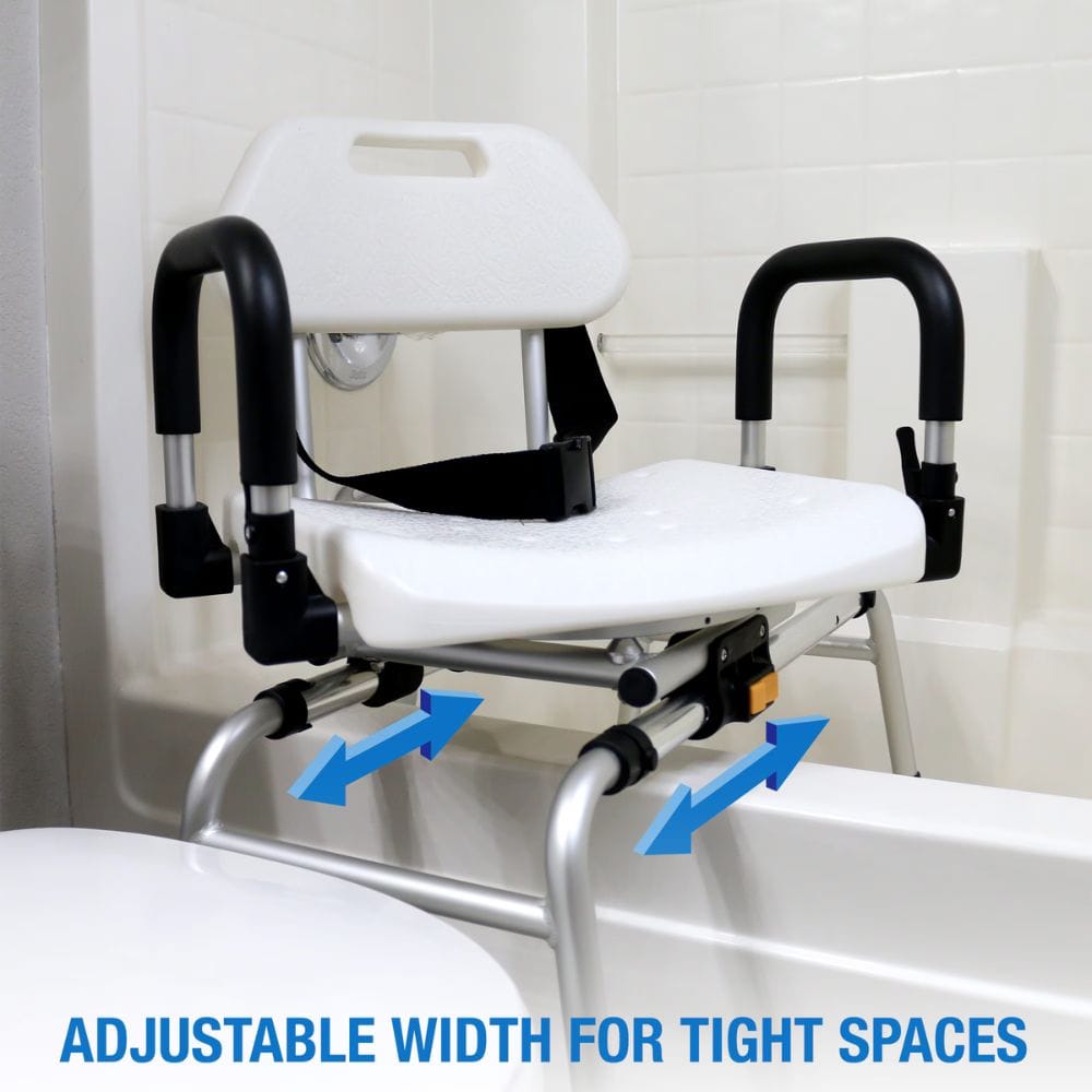 White adjustable shower seat with black handles attached to a bathtub, with text indicating adjustable width for tight spaces.