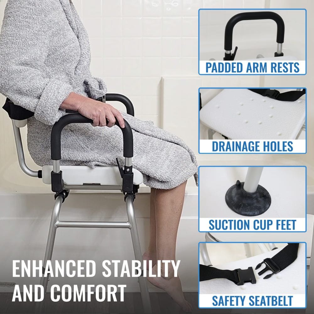 Person using a shower chair with features highlighted on a white background