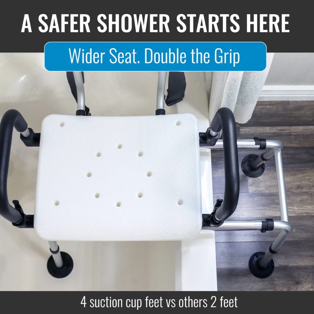 White shower seat with black arms and suction cup feet on a bathroom floor, with text about safety and features.