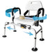 Medical shower chair with adjustable arms and seat, featuring a brush on a white background.