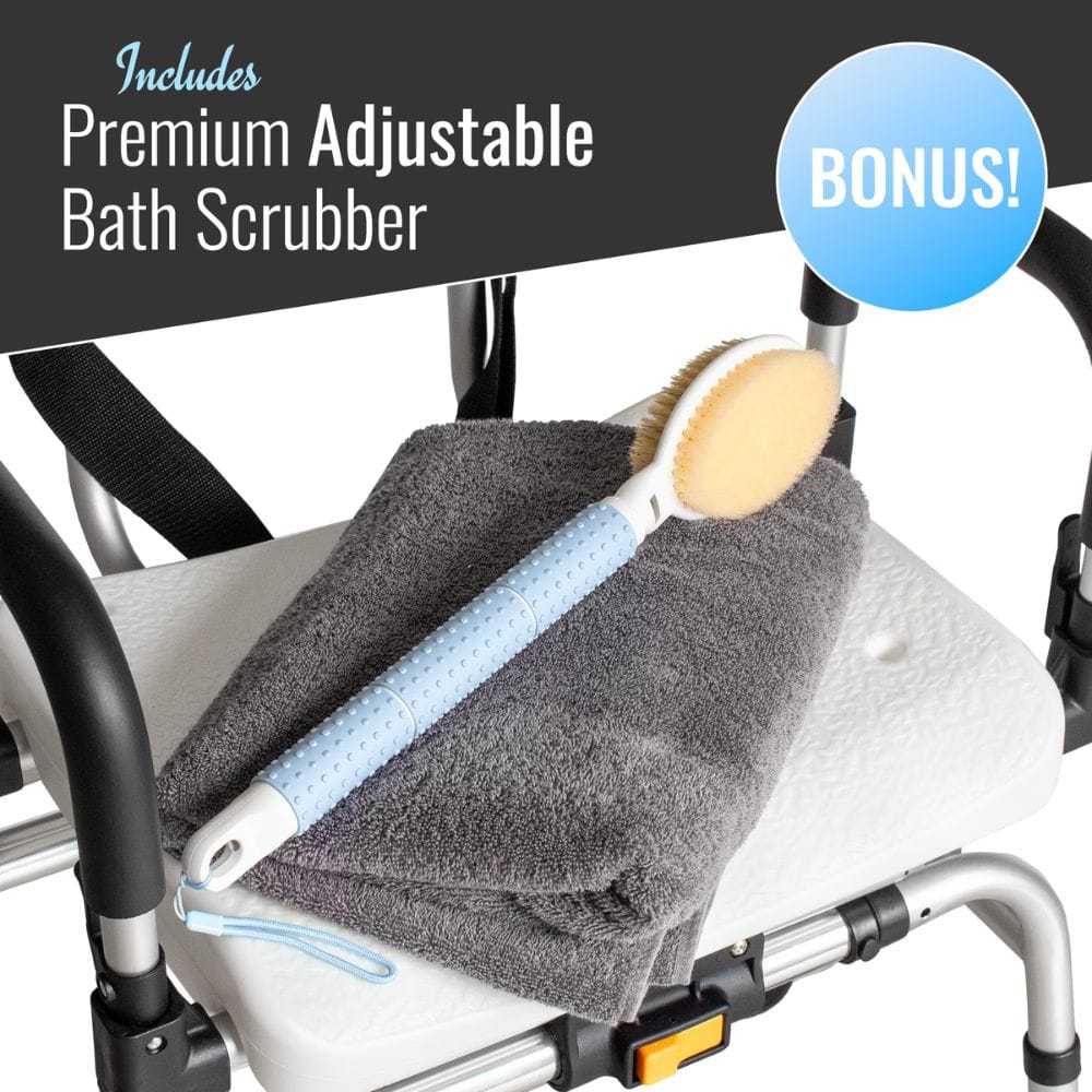 Gray bath scrubber with a wooden head attached to a chair, labeled 'Includes Premium Adjustable Bath Scrubber' and 'BONUS!'.