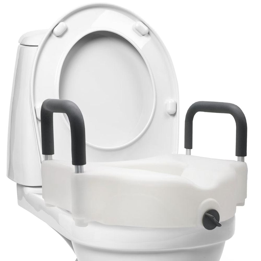 White toilet with a raised seat and black handles on a white background