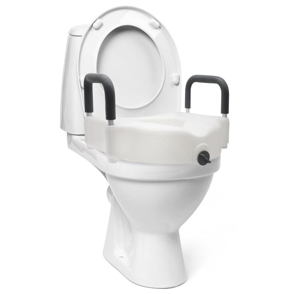 White toilet with a raised seat and black handles on a white background