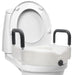 White toilet with a raised seat and black handles on a white background