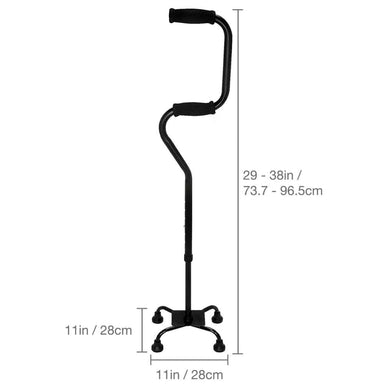 Black walking cane with measurements on a white background