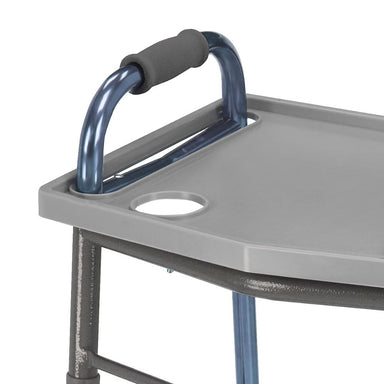 Gray metal cart with blue handle on a white background