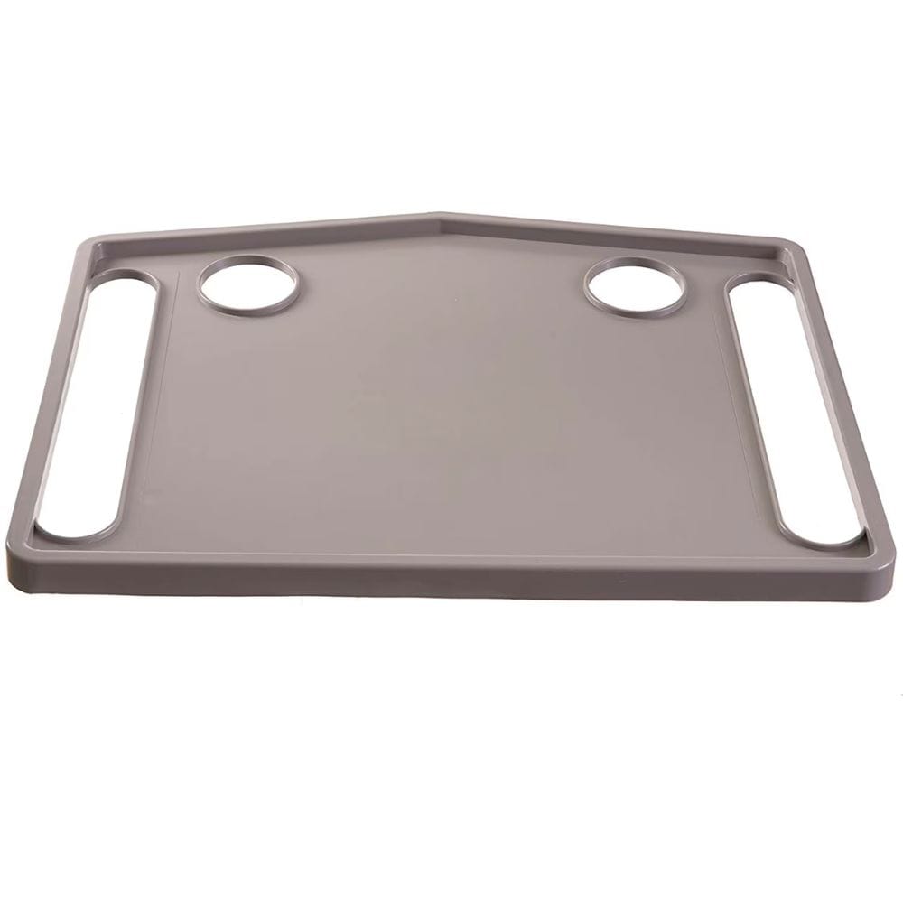 Gray rectangular tray with rounded corners and two circular holes on a white background