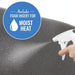 Hand using a spray bottle on a surface with a blue circle highlighting 'Foam Insert for Moist Heat'.