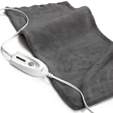 Gray heating pad with digital controller on a white background