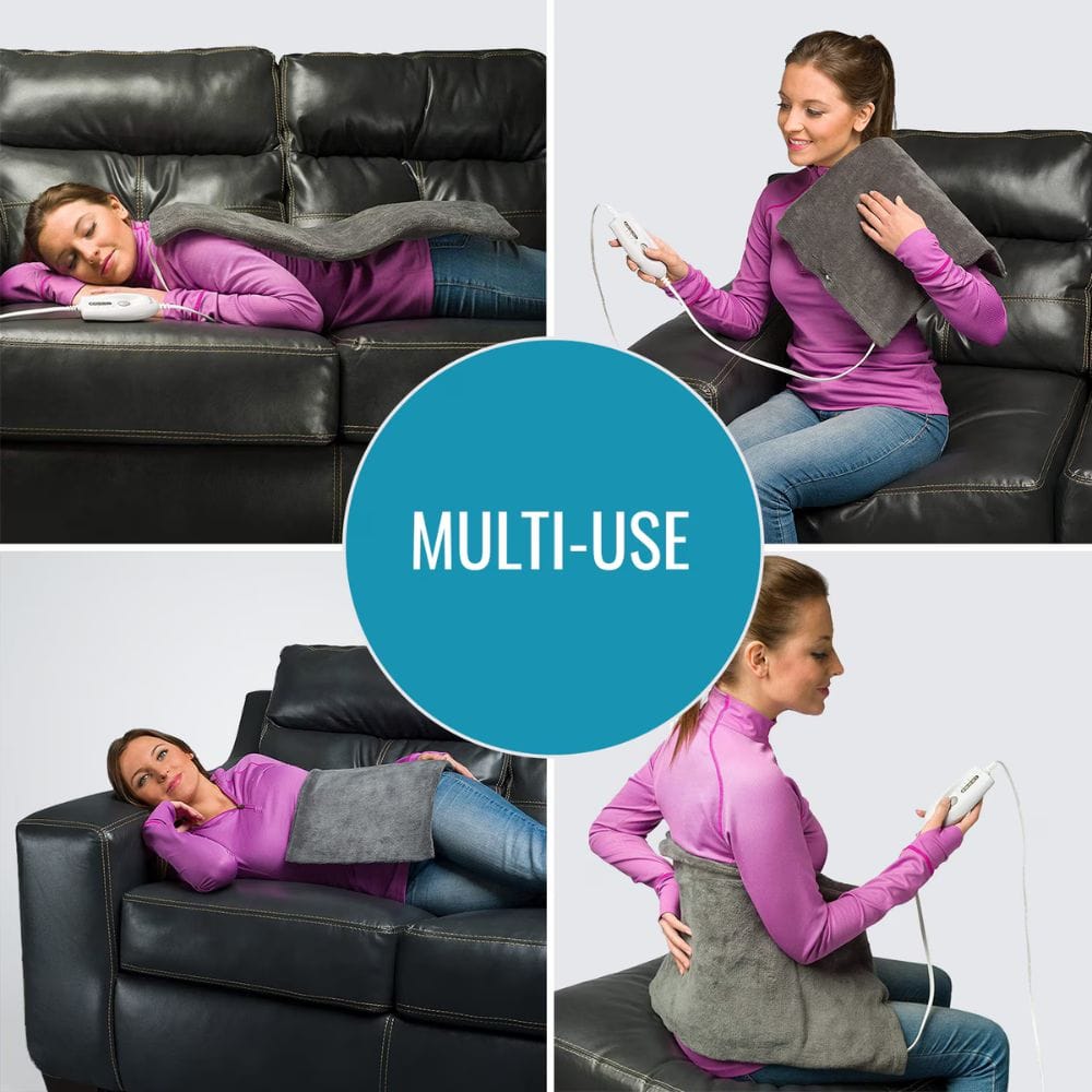 Woman using a heating pad on a black leather couch with 'MULTI-USE' text overlay.