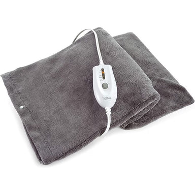 Gray electric heating pad with a white power cord on a white background