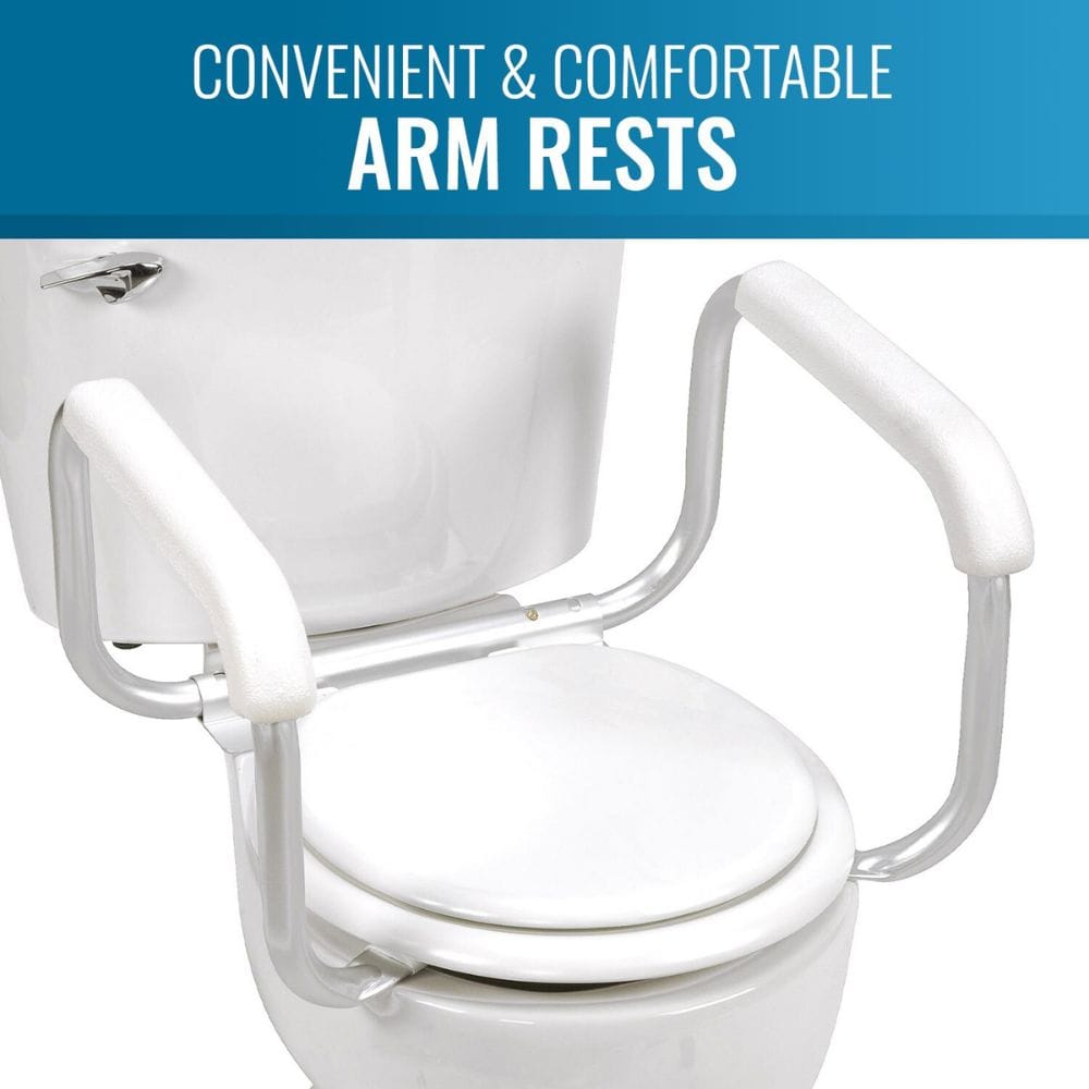 White toilet seat with arm rests on a white background, labeled 'Convenient & Comfortable Arm Rests'.