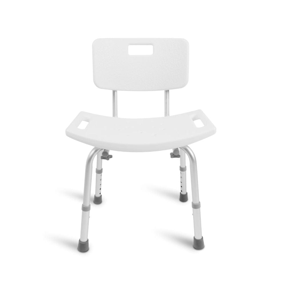 White shower chair with gray legs on a white background