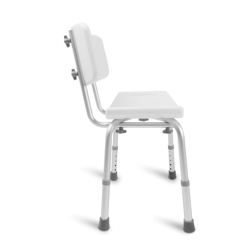 White shower chair with backrest on a white background