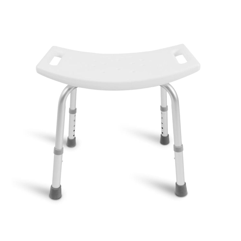 White shower bench with metal frame on a white background