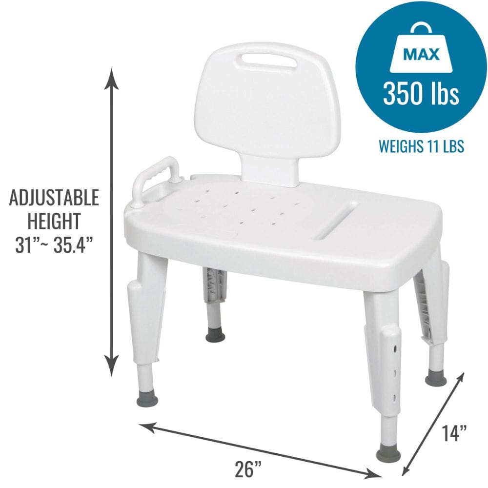 White adjustable height bath seat with measurements and weight capacity on a white background