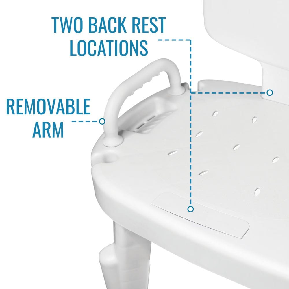 White chair with text indicating 'Two back rest locations' and 'Removable arm' on a white background.