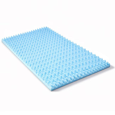 A light blue textured foam mattress topper with a raised honeycomb pattern, shown at an angle on a white background.