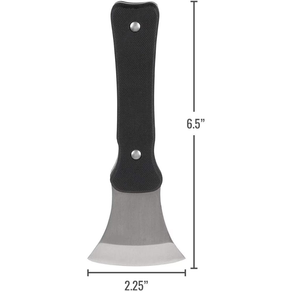 Black-handled axe with measurements on a white background