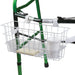 White bike basket attached to a green bicycle frame with a white background
