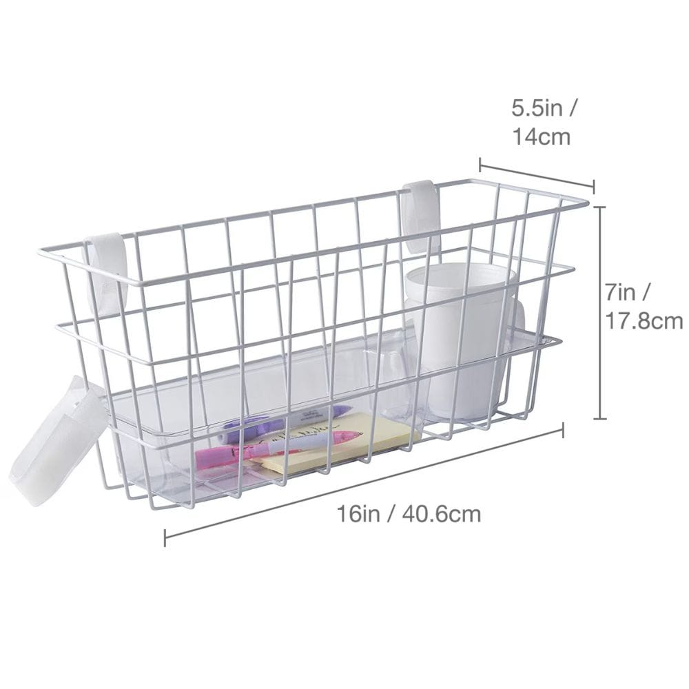 Metal wire basket with dimensions labeled on a white background