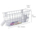 Metal wire basket with dimensions labeled on a white background
