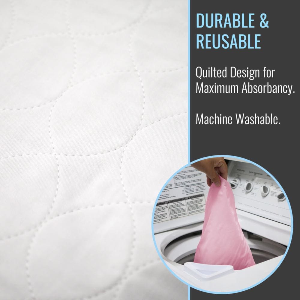 Quilted white pad with text about durability, reusability, and machine washability.