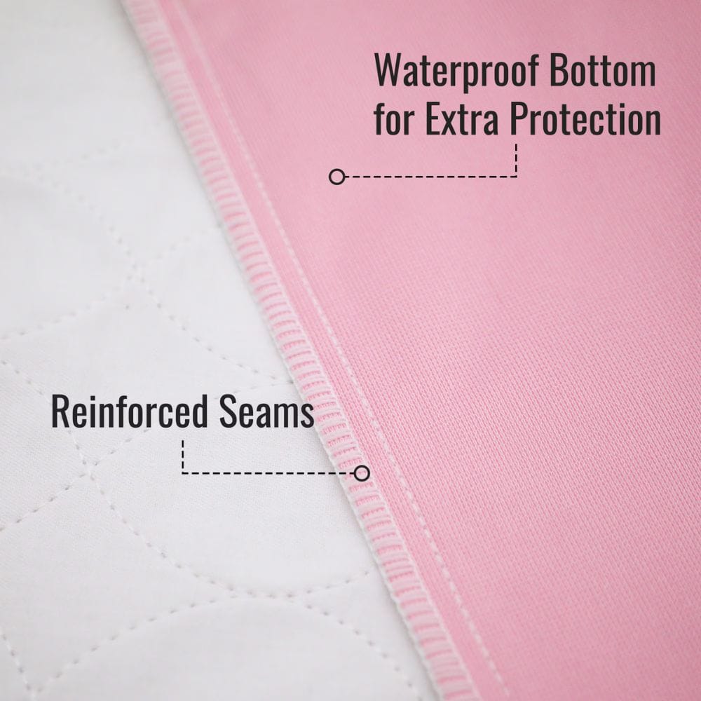 Close-up of a pink quilted fabric product with a white quilted section, showing text callouts that read 'Waterproof Bottom for Extra Protection' and 'Reinforced Seams'.