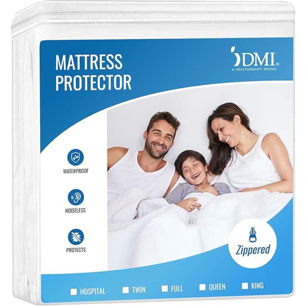 DMI mattress protector packaging with a family on a bed