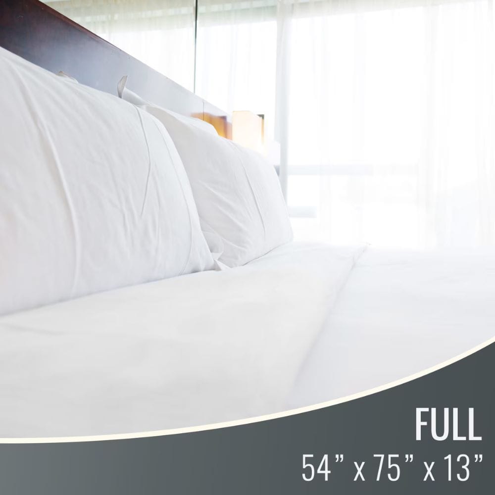 White bedding set on a bed with dimensions displayed