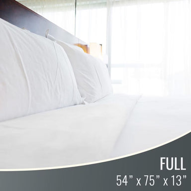 White bedding set on a bed with dimensions displayed