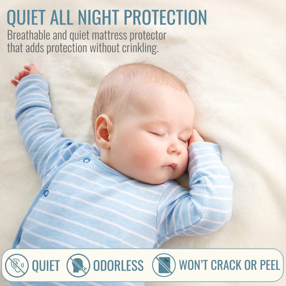 A sleeping baby wearing a light blue and white striped long-sleeve sleeper lying on a soft cream-colored mattress, with promotional text at the top and feature icons at the bottom.
