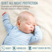 A sleeping baby wearing a light blue and white striped long-sleeve sleeper lying on a soft cream-colored mattress, with promotional text at the top and feature icons at the bottom.