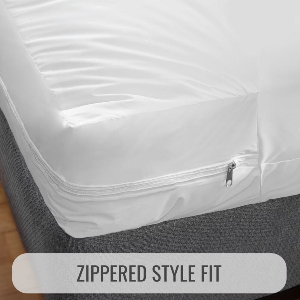 White fitted sheet or mattress protector with a zipper edge, shown fitted over a bed corner with a gray upholstered base. A text banner at the bottom reads 'ZIPPERED STYLE FIT'.