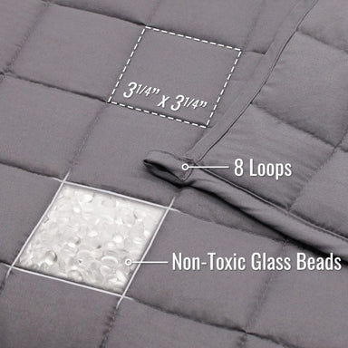 Gray weighted blanket with text labels on non-toxic glass beads and dimensions.