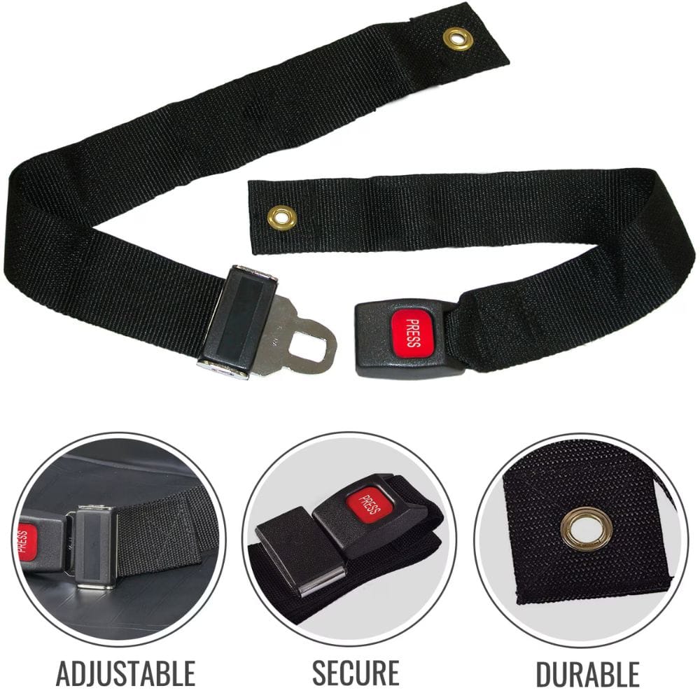 Black seat belt with adjustable, secure, and durable features on a white background