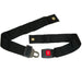 Black seat belt with a red 'PRESS' label on a white background
