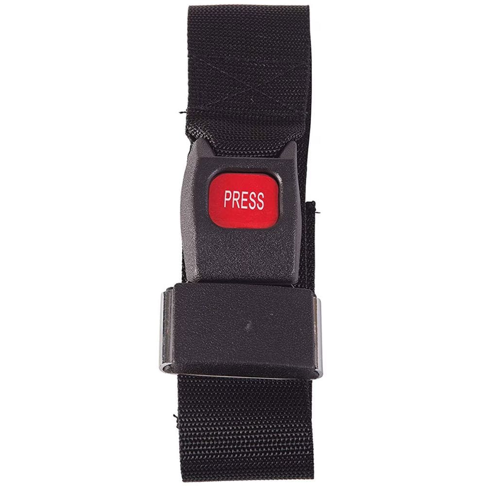 Black safety belt with a red 'PRESS' button on a white background