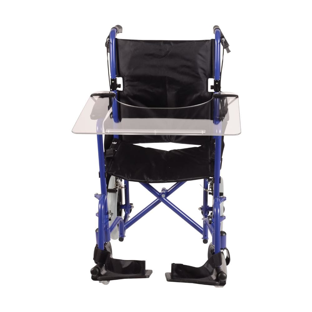 Blue and black wheelchair with a white background