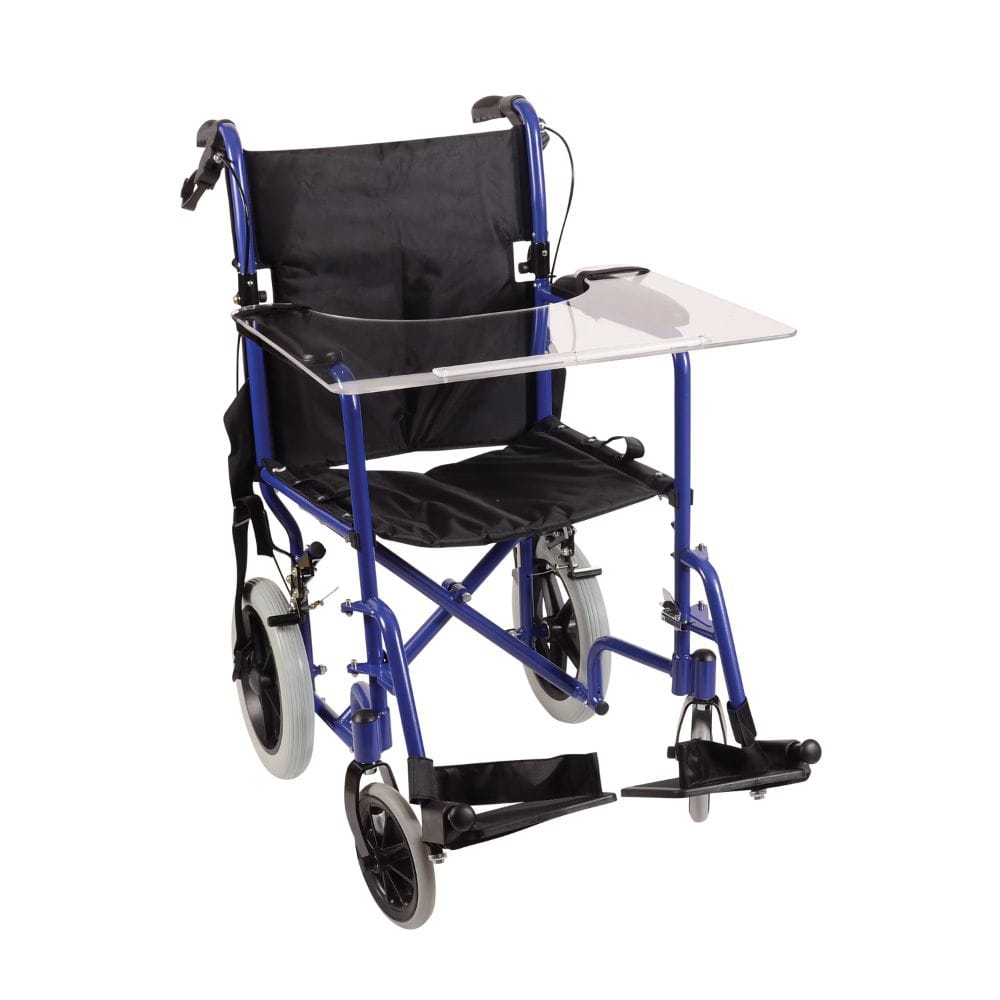 Blue and black wheelchair with a transparent tray on a white background