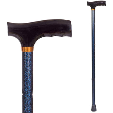 Black walking cane with blue patterned shaft on a white background