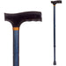 Black walking cane with blue patterned shaft on a white background