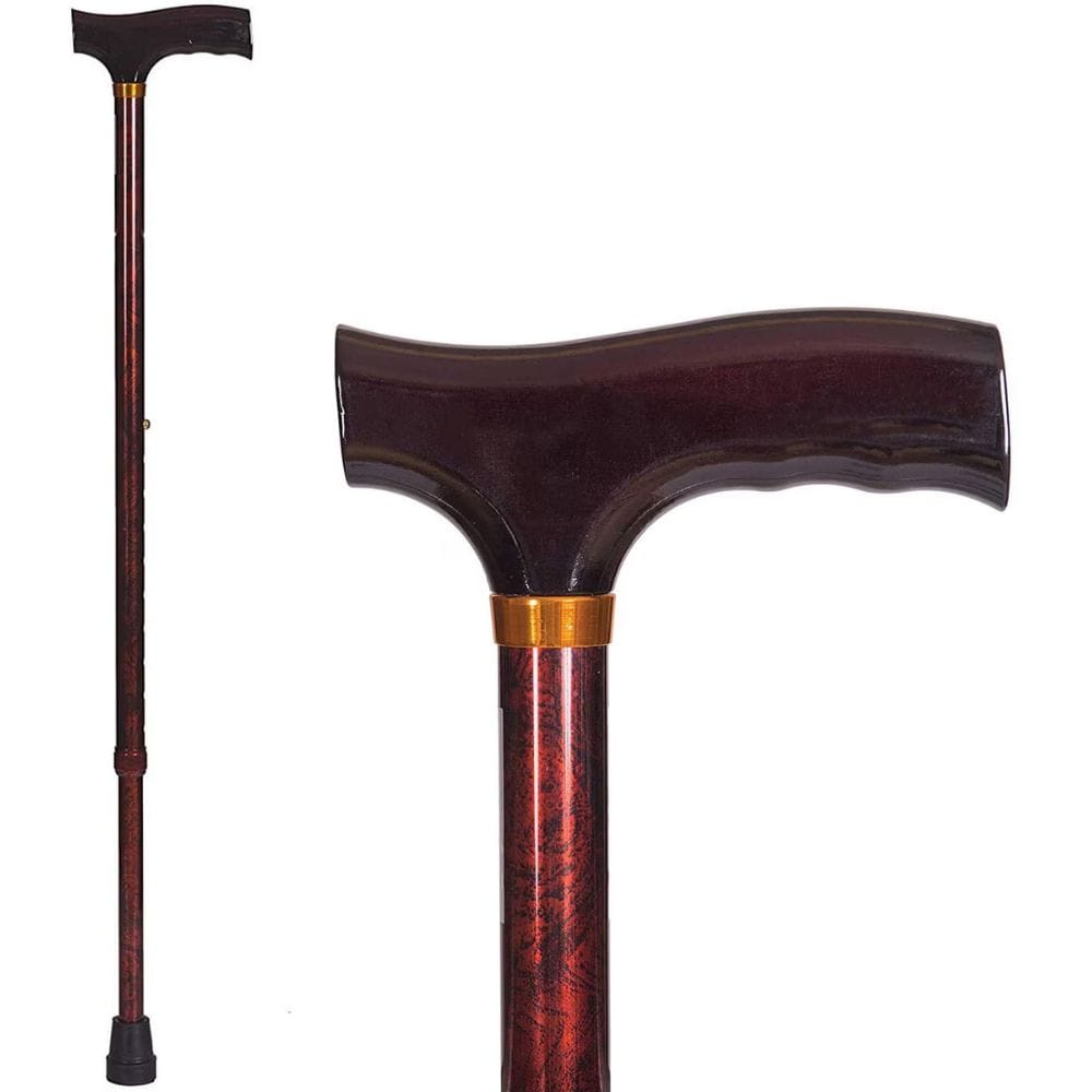 Wooden walking cane with a dark brown handle and red-brown shaft on a white background