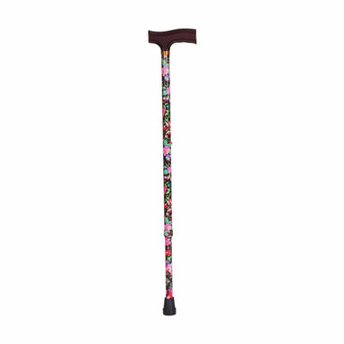 Cane with floral-patterned handle on a white background