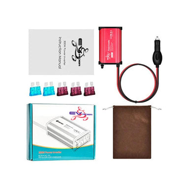 Collection of electronic components including a power adapter, cable, and packaging on a white background.