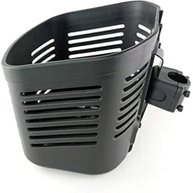 Black bicycle basket with mounting bracket on a white background
