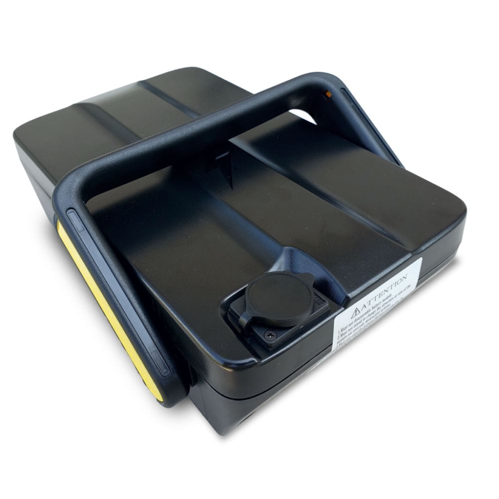 Black electronic device with a fan on a white background