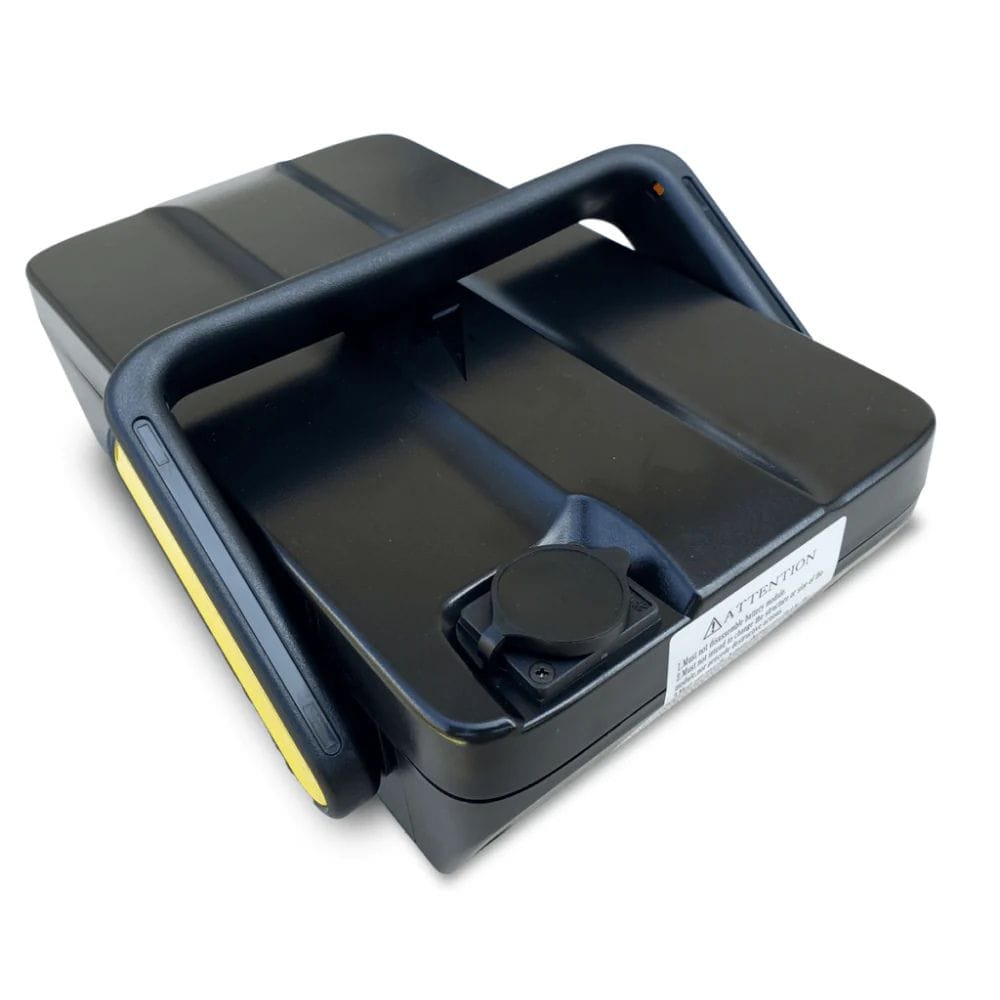 Black and yellow device on a white background